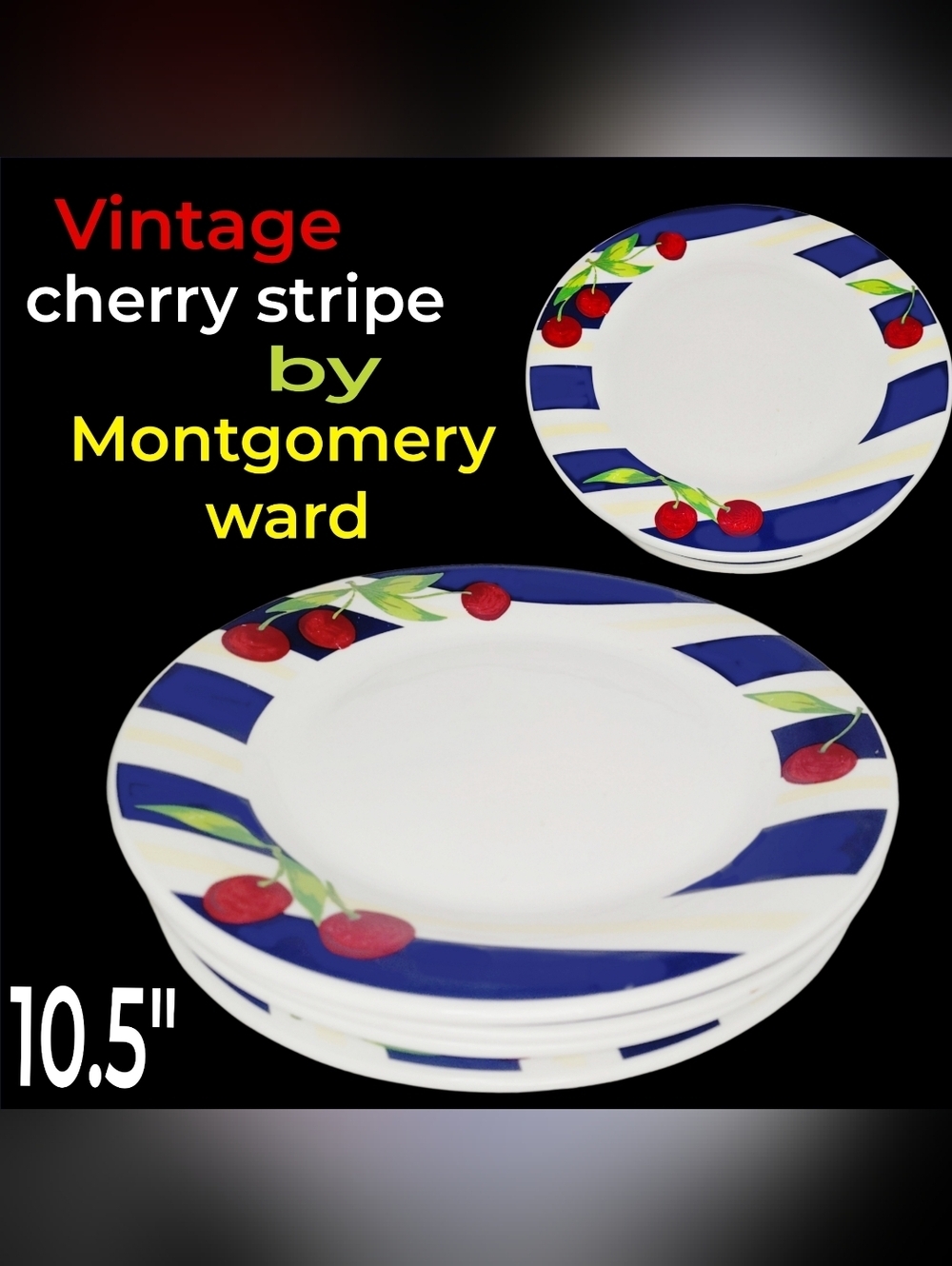 Rare 4 Vintage Cherry Stripe Plate Set By Montgomery Wards